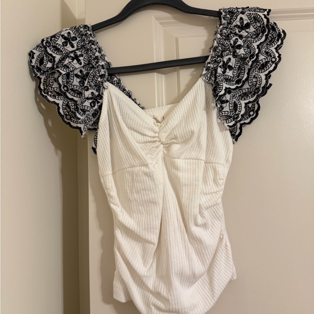 Anthropologie White Top with Black Lace Sleeves